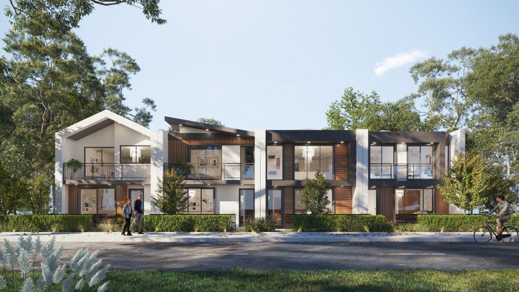 a streetscape render of four modern terrace style homes.