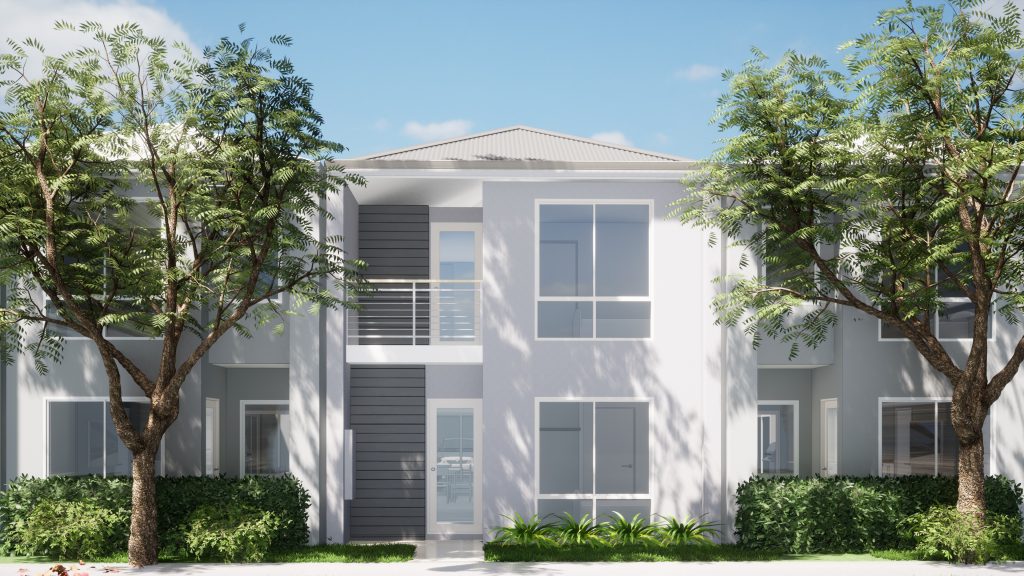 a render of a white two storey terrace style home